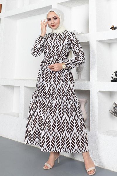 benguen 440 Patterned Hijab Dress Brown