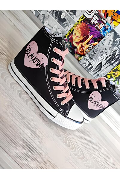 MECH BUTİK Blackpink Kalp Baskılı Siyah Bilekli Spor Ayakkabı Sneakers