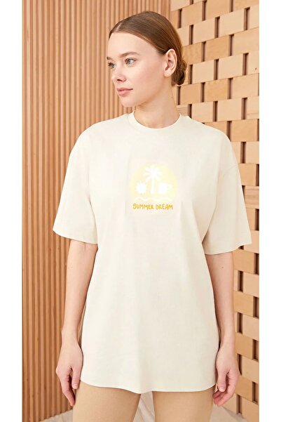 LC Waikiki طاقم الرقبة المطبوعة قصيرة الأكمام سترة نسائية كبيرة الحجم