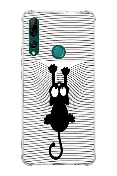PrintiFy Huawei Y9 Prime 2019 Köşe Korumalı Antişok Kapak Çizgi Kedi (beyaz) Tasarımlı Şeffaf Kılıf