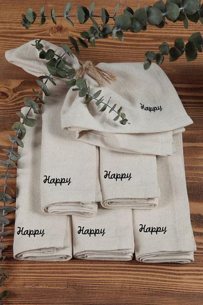 cotton maison Φυσική χαρτοπετσέτα 6 τεμαχίων Motto κεντημένο βαμβακερό λινό Αυθεντικό 45x45 cm Happy
