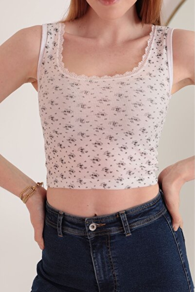 Kaktüs Moda Kaşkorse Kumaş Çiçek Baskılı Havuz Yaka Dantel Desenli Kadın Crop