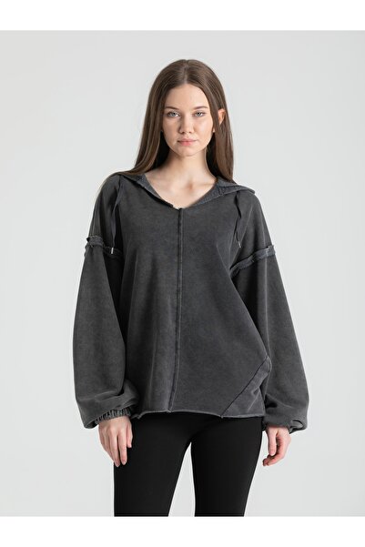 RUBYSTARS Antrasit Kapüşonlu Özel Yıkamalı %100 Pamuk Volanlı Kol Sweatshirt