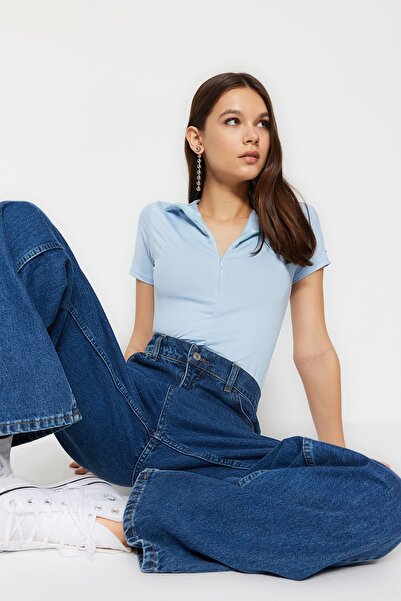 Trendyol Collection Blue Zippered Stand Collar Zippered Short Sleeve Flexible Snap Knitted Body TWOAW21BD0009