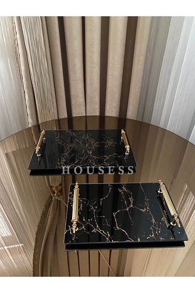 Housess مجموعة من 2 صينية حناء للخطوبة من الرخام الأسود، صينية مستطيلة مزخرفة من الزجاج المنقوش بالرخام الأسود