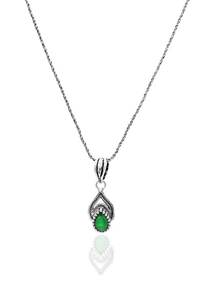 Midyat Nurtaş Gümüş Zümrüt Taşlı Damla Model Oksitli Telkari Gümüş Kolye 2010...