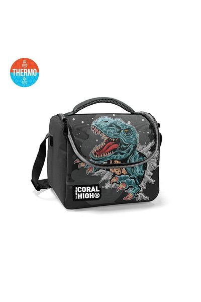Coral High Kids Dark Gray Black Dinosaur Patterned Thermo Lunch Bag 11837