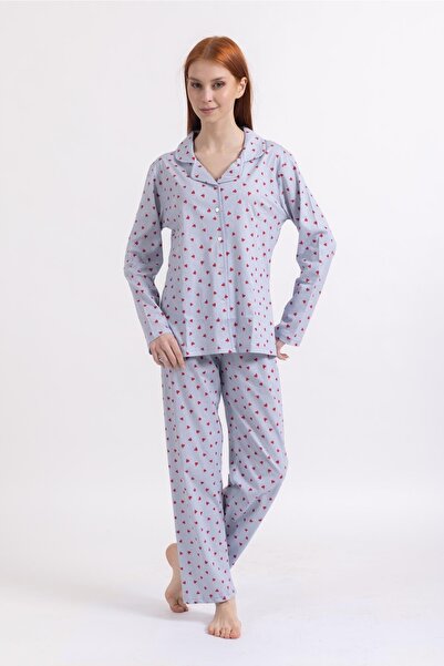 Mutlu City Set de pijamale de înaltă calitate pentru femei, 100% bumbac, cu modele de inimă, cu nasturi 9323