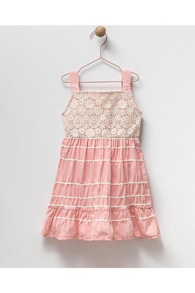 Pink Hippo Kids Rochie de vară pentru fete din țesătură de in cu bretele din dantelă