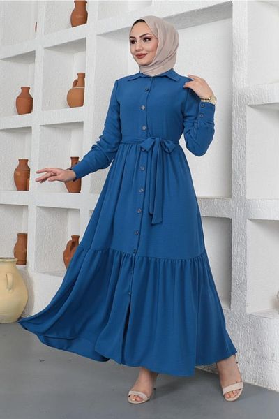 benguen 443 Shirt Collar Aerobin Hijab Dress Indigo