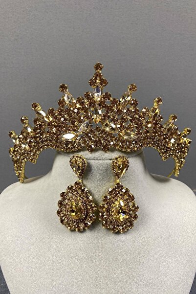 Hobigram Bal Rengi Annaber Taşlı Kına Gelin Tacı Ve Damla Taşlı Küpe Takımı –...