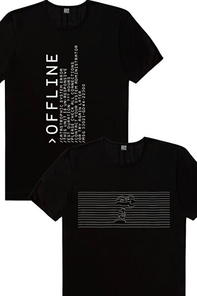 ROCKANDROLL تي شيرت رجالي أسود مخطط بدون اتصال بالإنترنت، عبوة من قطعتين