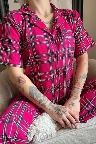 Pijamaevi Green Navy Blue Plaid Printed Front Buttoned Short Sleeve Pajamas