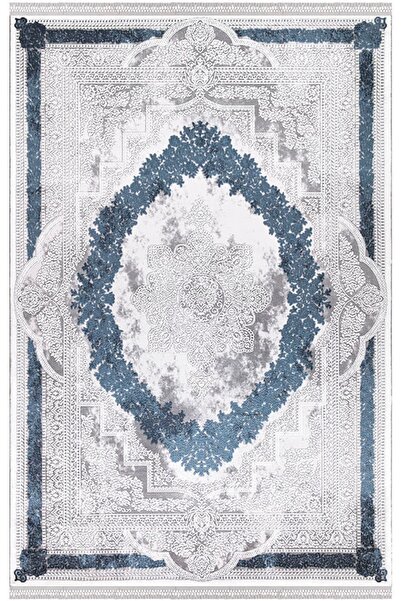 İpek Mekik Halı Blossom Lacivert Gri Klasik Saçaklı Halı