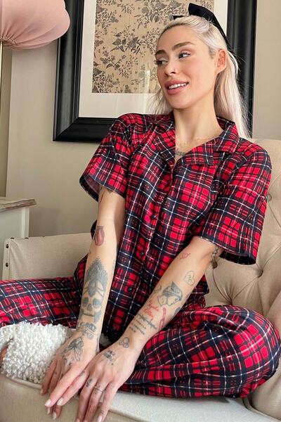 Pijamaevi Pijamale cu mânecă scurtă cu nasturi în față, roșu, bleumarin