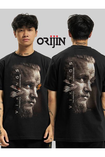 Orijin Tekstil Vikings Ragnar Lothbrok Front Back Printed Unisex Black Tshirt