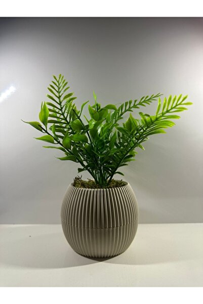 BYSHOME Yapay Çiçek Bej Saksıda Yeşil Garnitürlü Dekoratif Masa Ve Raf Çiçeği 19 Cm