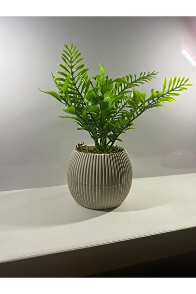 BYSHOME Yapay Çiçek Bej Saksıda Yeşil Garnitürlü Dekoratif Masa Ve Raf Çiçeği 19 Cm