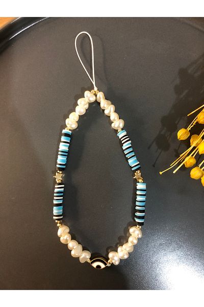 Stoneday Eye Detailed Pearl Blue White Black Fimo Beaded Phone Charm Strap Accessory