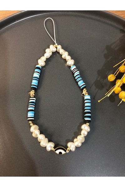 Stoneday Eye Detailed Pearl Blue White Black Fimo Beaded Phone Charm Strap Accessory