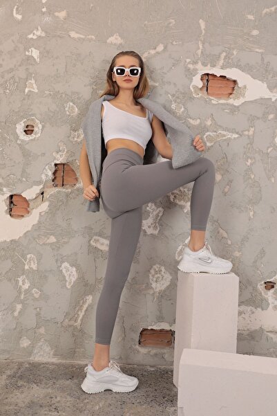 Kaktüs Moda Fitilli Kumaş Toparlayıcı Örme Gri Kadın Tayt