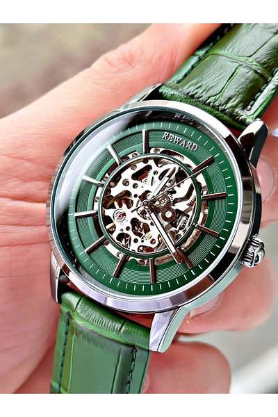 Reward Green Color Classic Automatic Leather Strap Business Men's Wristwatch + Bracelet Gift