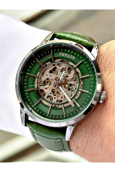 Reward Green Color Classic Automatic Leather Strap Business Men's Wristwatch + Bracelet Gift