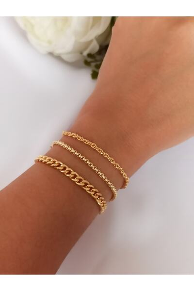 DENİZDENAL Klasik Zincir Üçlü Bileklik Kombin Set Gold Kaplama