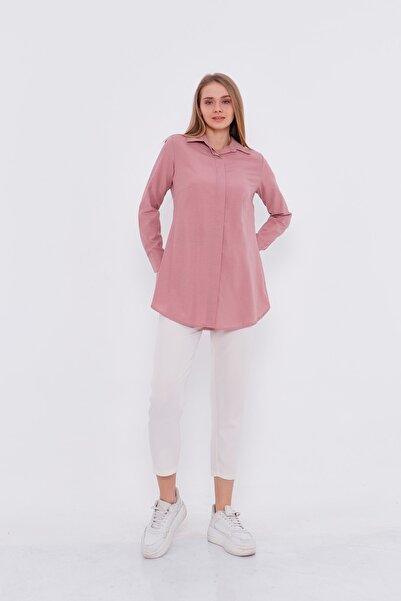 MİSS M.A.T FASHİON Boyfriend Klasik Gizli Pat Pudra Pembe Kadın Gömlek