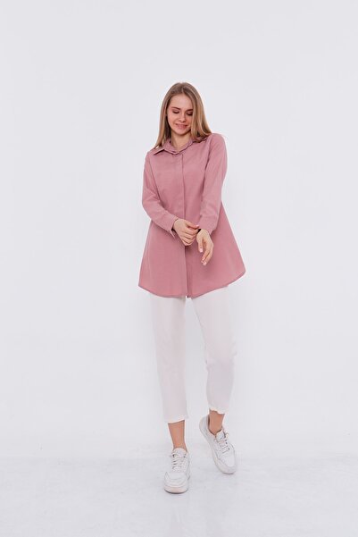 MİSS M.A.T FASHİON Boyfriend Klasik Gizli Pat Pudra Pembe Kadın Gömlek