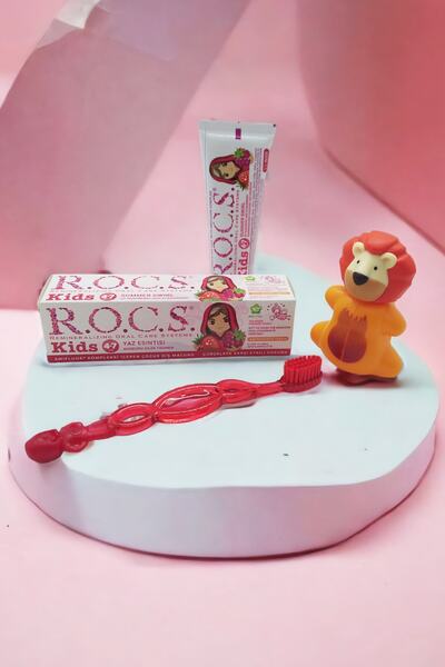 R.O.C.S. Kids 4-7 Yaş Ağız Bakım Seti -ahududu Macun + Kids Fırça Kırmızı +aslan Saklama Kabı