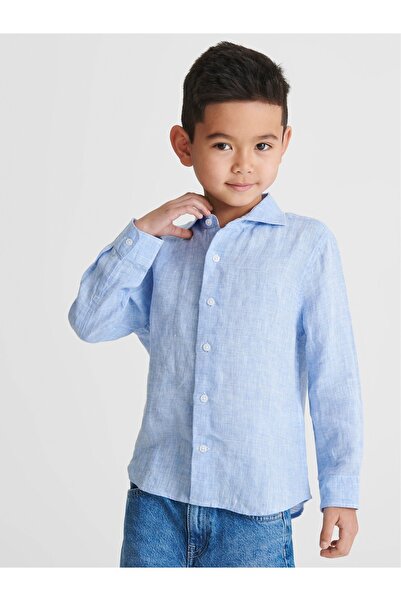 alenmeza Boy's Light Blue Linen Modern Fit Pocketless Shirt