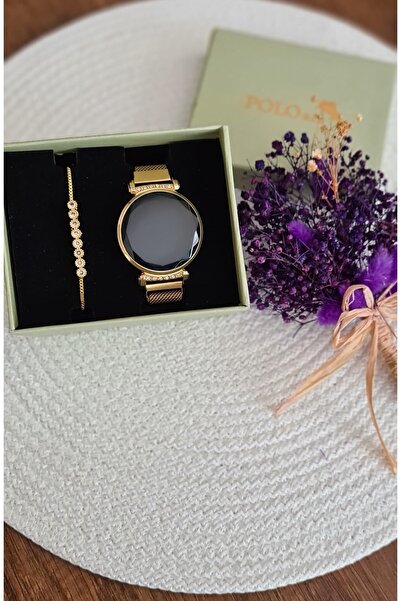 Polo Air Wicker Magnet Cord Led Touchless Women's Wristwatch and Waterway Bracelet Combination Yellow Color