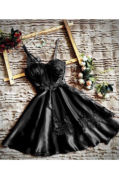 moda4b Kadın Lüks Ipek Saten Kısa Gecelik 1079 , Standart , Siyah