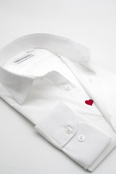 alenmeza Men's White 100% Cotton Satin Non-iron Ironing Heart Embroidered Pocketless Modern Fit Shirt
