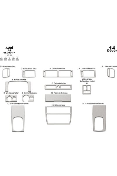 meriç cockpit design ميريتش ®   أودي A6 أمامي طلاء ألمنيوم 14 قطعة 2001-2004