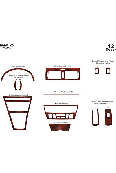 meriç cockpit design ميريتش ®   بي ام دبليو X3 توربيدو امامي مطلي ماهوجني 12 قطعة 2003-2009