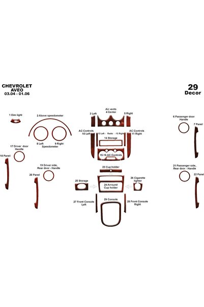 meriç cockpit design ميريتش ®   شيفروليه افيو توربيدو امامي مطلي ماهوجني 29 قطعة 2004-2006
