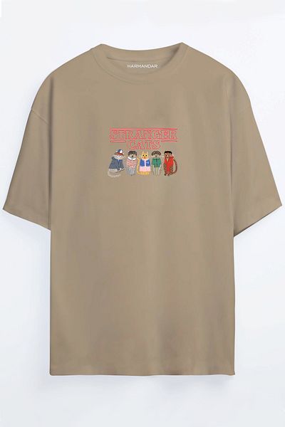 Harmandar Μπλουζάκι Stranger Cats Printed Unisex Μαύρο - Λευκό - πορτοκαλί - Μπεζ Oversize