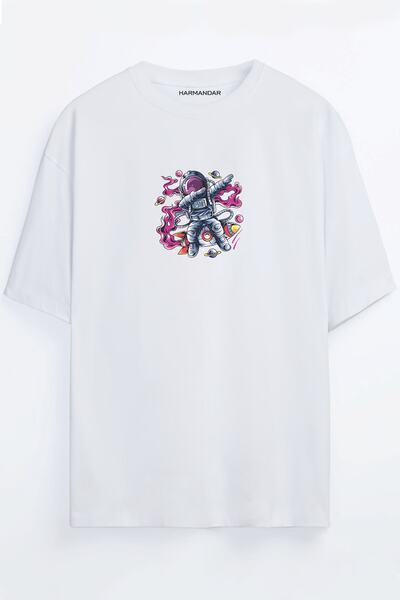 Harmandar Astronaut Printed Unisex Negru - Alb - Portocaliu - Bej Tricou Over...