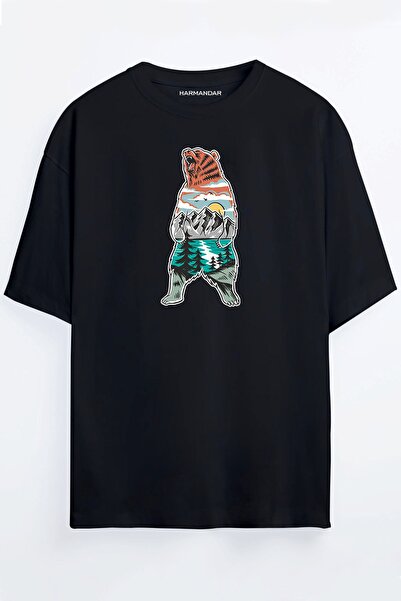 Harmandar Forest Bear Printed Unisex Negru - Alb - Portocaliu - Bej Tricou Ov...