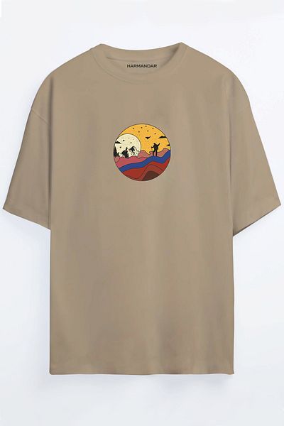 Harmandar Col Adam Printed Unisex Μαύρο - Πορτοκαλί - Μπεζ Oversize T-shirt