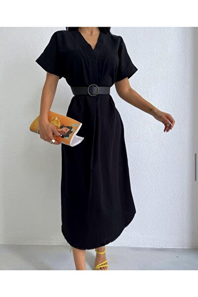 NOWCOLLECTION Siyah Kemerli Keten Elbise