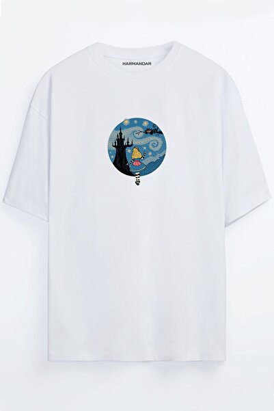 Harmandar تيشيرت مقاس كبير للجنسين بطبعة أليس أسود - أبيض - برتقالي - بيج