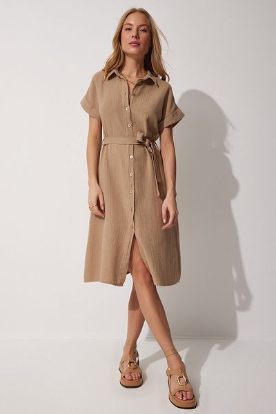 Happiness İstanbul Damen-Hemdkleid aus Leinen in Dunkelbeige mit Gürtel MX00046