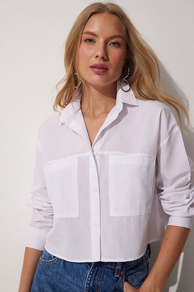 Happiness İstanbul Női fehér zsebes túlméretezett Crop Poplin ing WD00031