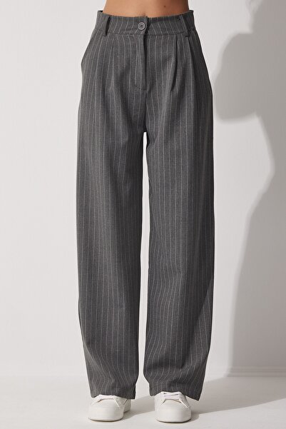 Happiness İstanbul Dámské šedé tenké proužkované šipky široké kalhoty HF00416