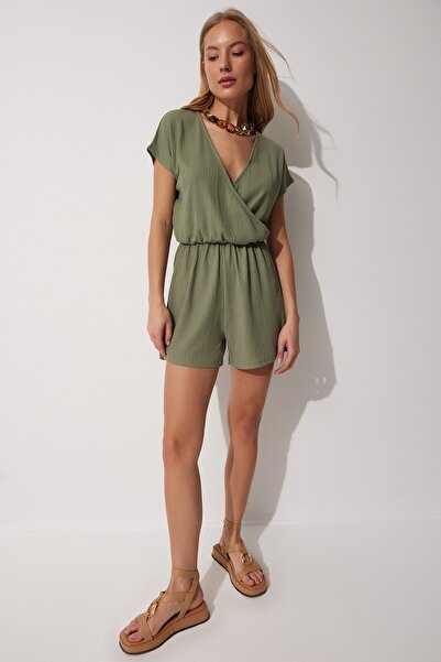 Happiness İstanbul Dámská khaki zavinutá pletená kombinéza s límečkem a šortkami UB00019