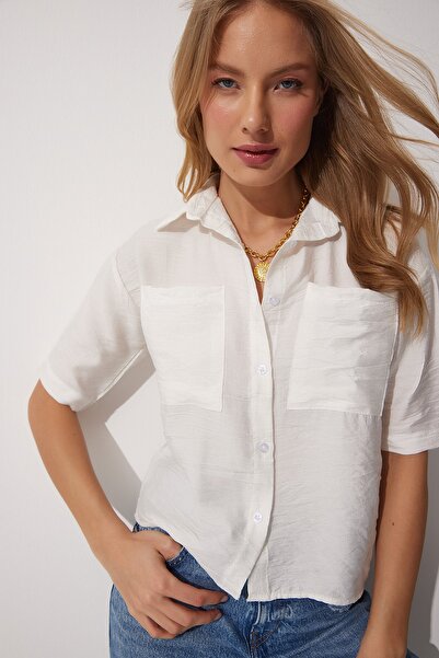 Happiness İstanbul Női ekrü ráncos textúrájú rövid vászoning DE00018