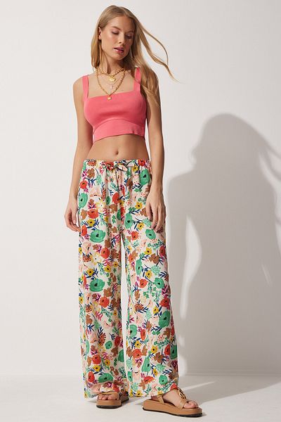 Happiness İstanbul Women's Beige Green Floral Linen Palazzo Trousers BH00385